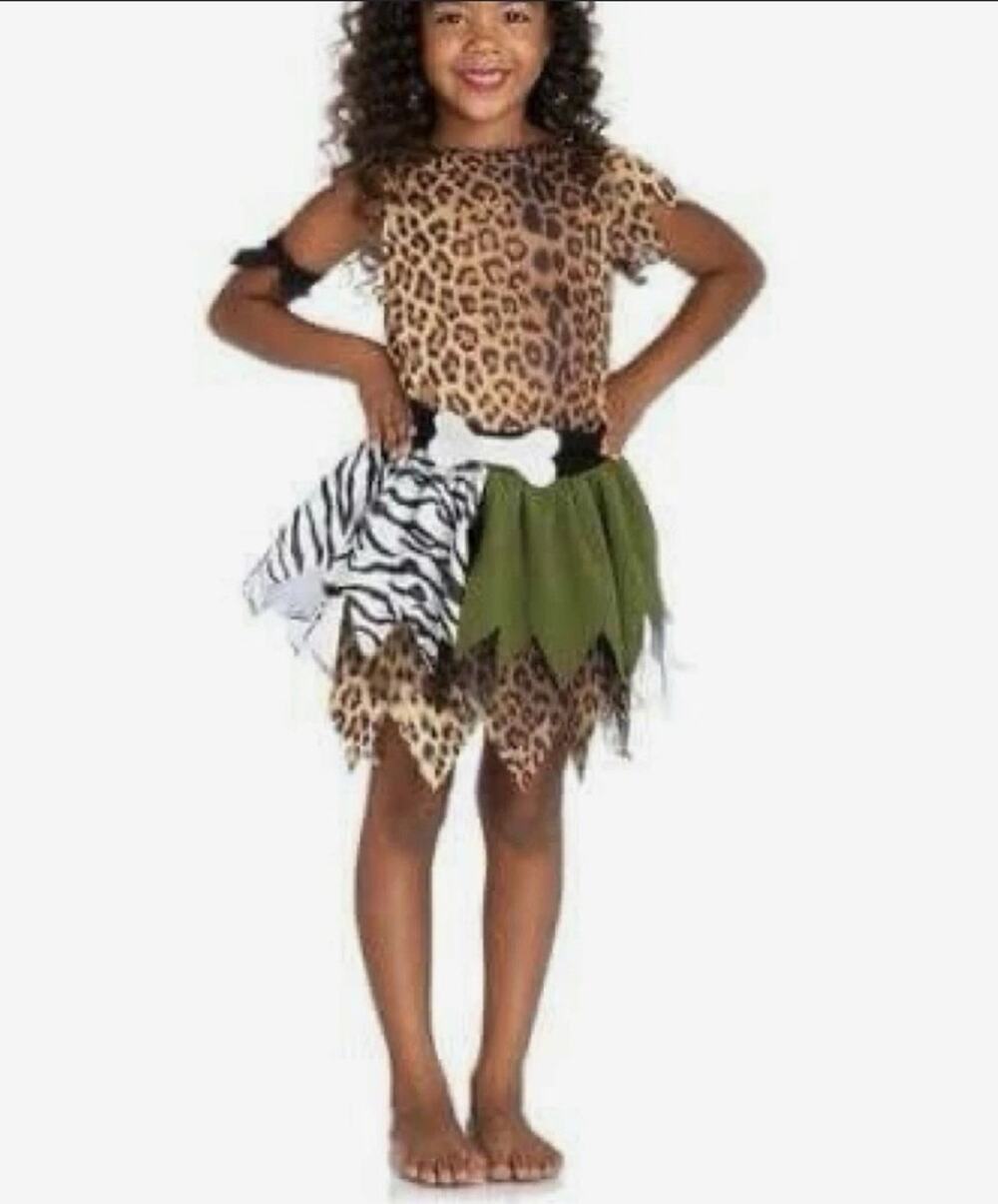 Cavewoman Girls Flintstones Halloween Costume Cheetah Dress Size L 10-12